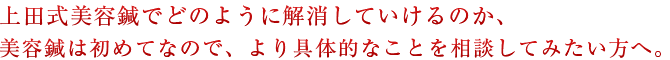 上田式美容鍼でどのように解消していけるのか、美容鍼は初めてなので、より具体的なことを相談してみたい方へ。